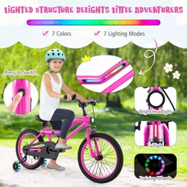 BABY JOY Lighted Kids Bike, 18 Inch LED Lighted Frame Children Bicycle with Headlight, Adjustable Seat, Training Wheels, Coaster Brake & Handbrake, Girls Boys Bike for 4-8 Years (Pink)
