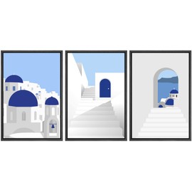 SIGNWIN Framed Canvas Print Wall Art Set Greek Mediterranean Building Collage Places Country Illustrations Modern Bohemian Scenic Colorful Ultra for Living Room, Bedroom, Office - 16"x24"x3 Black
