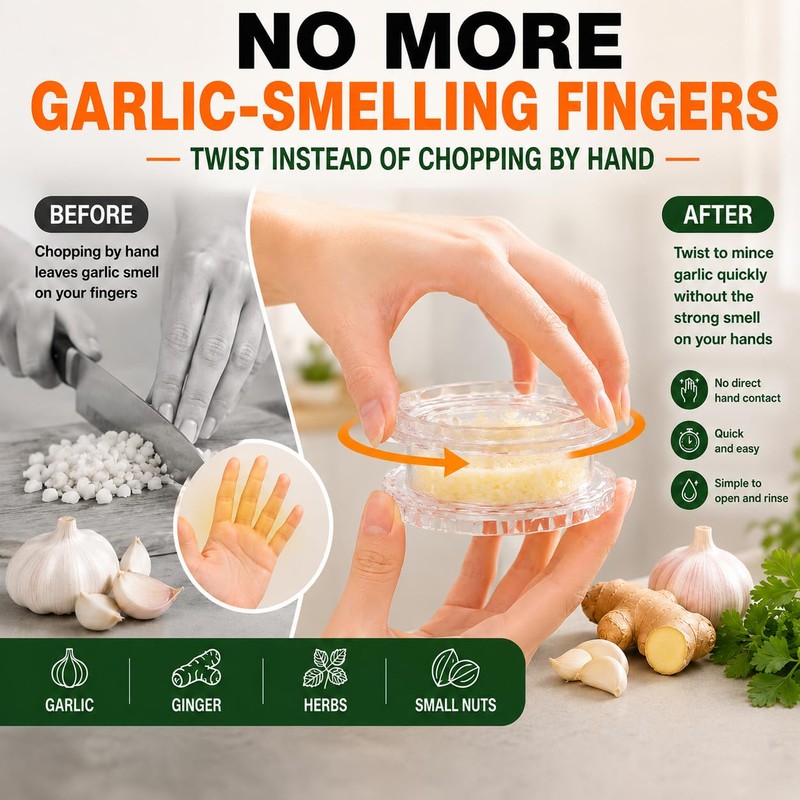Garlic Chopper 2 Pack, Manual Garlic Twister & Mincer, Clear