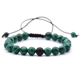 Belons Distance Bracelet 8mm Green Malachite & Black Matte Agate Energy Stones Beaded Bracelets Braided Macrame Tassels, Adjustable Size