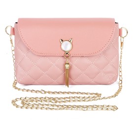 Lollanda Women's Crossbody Shoulder Bag, Handbags with Cute Cat Shape Tassels, PU Leather Chain Messenger Cross Body Bags, Rhombic Square Purse for Girls Women, rose