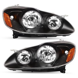 SOCKIR Headlight Assembly Compatible with 2003 2004 2005 2006 2007 2008 Toyota Corolla Headlamps Replacement Passenger and Driver Side, Black Housing with Amber Reflector (Bulbs Included)