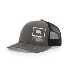 WYR Clothing - Snapback Hat with Wyoming Roots Design, Stylish Hats for Men and Women, Polyester Cotton Baseball Cap with Mesh Back, Six-Panel Trucker Hats, Universal Size, Charcoal & Black Mesh