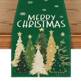 Artoid Mode Xmas Trees Snowflakes Green Merry Christmas Table Runner, Winter Seasonal Kitchen Dining Table Decoration for Home Party Decor 13x72 Inch