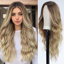 EMMOR Long Ombre Blonde Wavy Wig for Women Lace Front Wigs Natural Looking 26 Inch Middle Part Curly Wig Heat Resistant Synthetic Wigs for Daily Party Use