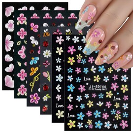 SUTOKAKA 6 Sheets 5D Embossed Flower Nail Art Stickers Self-Adhesive Colorful Floral Nail Decals Daisy Petal Blossoms Plant Manicure Sliders for Hawaii Spring Summer Decor