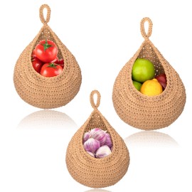 Fruit Basket Hanging Wall, Pack of 3 Boho Hanging Basket, Fruit Basket, Storage Baskets, Handwoven Jute Bag, Vegetable and Fruit Basket, Decorative Hanging Basket for Kitchen, Brown