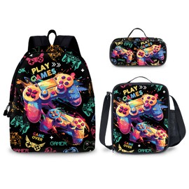 Gaming Kids Backpack for School Boys, 3PCS Game Teen Boy Backpack with Lunch Box & Pencil Pouch Set, Shoulders Travel Daypack Lightweight Gamer School Bag Bookbag Set for Kindergarten Primary Middle