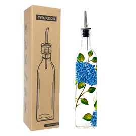 YIYUKODO 17oz Hand Painted Glass Olive Oil Bottle Dispenser - 500ml Green Oil & Vinegar Cruet with Pourers - Olive Oil Carafe Decanter for Kitchen (hydrangea)