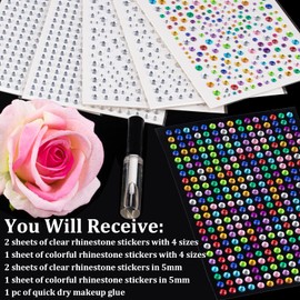 2010 Pcs of Rhinestone Stickers 3/4/5/6mm Clear+Colorful Self Adhesive Face Gems, Stick on Body Crystal Jewels with Quick Dry Makeup Glue for Face Eye Hair Nails Make up and Craft DIY Decorations