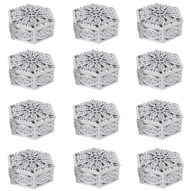 HAN SHENG 12 Pcs Hollow Out Hexagon Candy Boxes Wedding Favor Boxes Candy Storage Boxes Gift Boxes Baking Decoration for Wedding Christmas Birthday Party Decorating Ornament Container (Silver)
