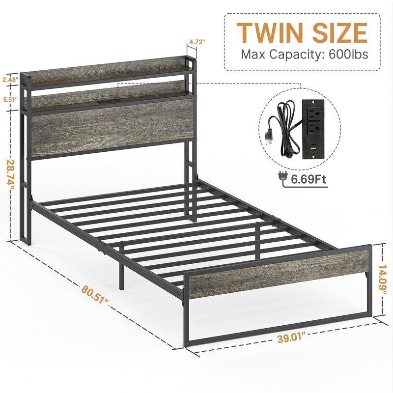 Elephance Twin Bed Frames with Charging Station and Storage Headboard,
