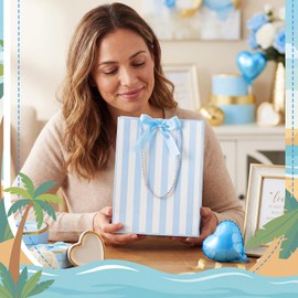 Kolldenn 24 Pcs Large Blue White Striped Gift Bags with Handles 9x7x3.15'' Last Toast on The Coast Bachelorette Bridesmaid Gift Bags with Satin Ribbon Bow for Wedding Bridal Shower Coastal Beach Party