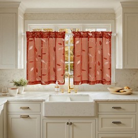 MIULEE Terracotta Sheer Curtains 2 Panels Embroidered Leaf Patterned burnt Orange Rod Pocket Floral Semi Faux Linen Short Fall Window Curtains Drapes Set for Kitchen Bathroom Cafe, 30x36 Inches Length