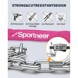 Sportneer Bike Lock: 8mm Thick High Security Anti Theft Bike Chain Lock with 2 Keys- 3.2/4ft Long Heavy Duty Anti-Cut Bicycle Lock for Bike, Motorcycle, Bicycle, Door, Gate, Fence, Grill