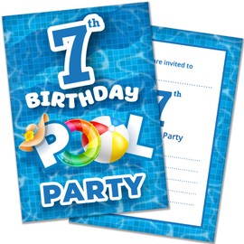 Olivia Samuel Pack of 20 Pool Party 7th Birthday Invitations with Envelopes - Ready to Write – Designed and Printed in the UK