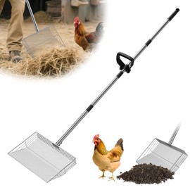 15-inch Large Chicken Poop Scooper with Ergonomic Grip, 24 to 64'' Long Adjustable Chicken Coop Scoop, 4 in 1 Multifunctional Sifting Shovel for Chicken Coop/Goat Stall/Stable Cleaning