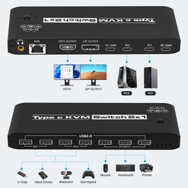 KVM Switch 2 Computers 8K@60Hz USB C Switch Sharing USB 2.0 Devices, 7 Ports USB Switcher Sharing Keyboard Mouse Hard Drives Printer 2 USB C Cables Included