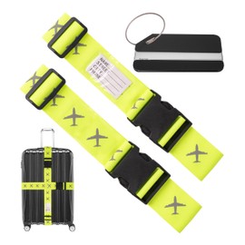 Luggage Strap Set with Luggage Tag, Two Piece Webbing for More Safety, Light Yellow, with Name Tag, Suitcase Straps with Address Label for Travel and Flying, Luggage Tie Down Straps, Cross Strap for