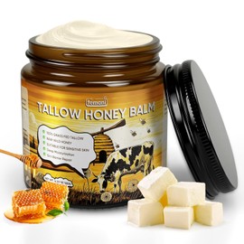 Tallow de ternera para cara y cuerpo – Bálsamo orgánico de sargo de carne alimentada con pasto de 4 onzas con mezcla de miel cruda – Crema hidratante para una piel suave y tersa – Bálsamo de sarga nutritiva profunda totalmente natural para todo tipo de piel