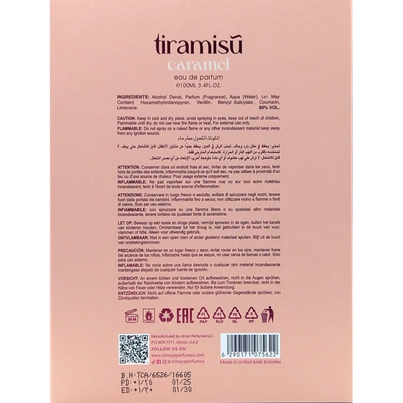 ZIMAYA TIRAMISU CARAMEL EAU DE PARFUM SPRAY UNISEX 3.4 Oz