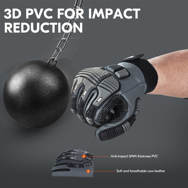 Vgo... Work Gloves Men Touchscreen in Cowhide Palm, Heavy Duty