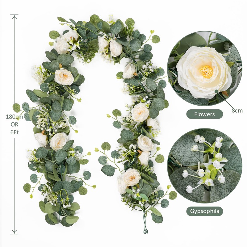 TOCHGREEN 2 Pack 13Ft Artificial Eucalyptus Flower Garland with White