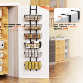 Hocookeper 6 Tier Over the Door Pantry Organizer, Over the Door Spice Rack with Adjustable Baskets, Metal Hanging Door Pantry Organizers and Storage for Kitchen Bathroom Bedroom, Black