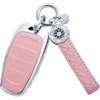 RUABIBAN for Hyundai Key Fob Cover with Keychain, Pink Genuine Leather Crystal Key Case Protection Shell Compatible with 2019 2020 2021 2022 Sonata Tucsonn, 5 Buttons
