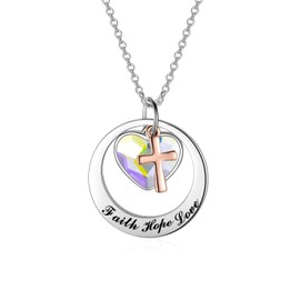 AOBOCO Two-Tone Sterling Silver and Rose Gold or Gold-Faith Hope Love Cross Charm Pendant Necklace with Austrian Crystal (Silver & Rose Gold-Aurore Boreale)