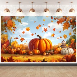 AOHMPT Thanksgiving Backdrop Fall Harvest Turkeys Hay Bales Pumpkins Maple Leaves Photo Banner for Party Baby Shower Decor 71 x 43 Inch