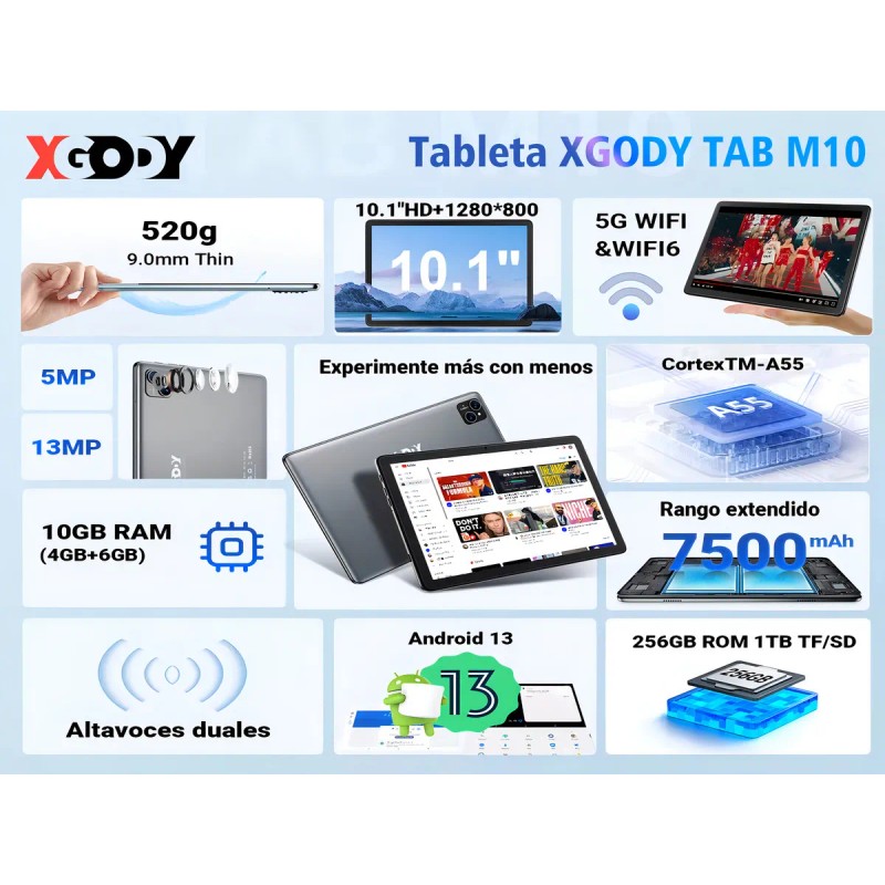 Funda de bolígrafo Xgody Android 13 Ram c/teclado Tablet 10