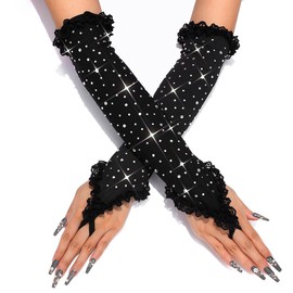 Yikisdy Rhinestone Fingerless Gloves Lace Stretch Costume Sparkly Black sleeves for Women and Girls (Black)