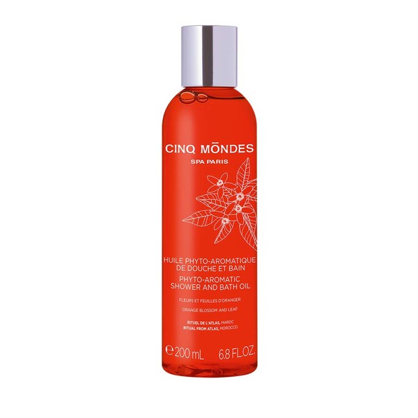 Cinq Mondes Uplifting Phyto Aromatic Bath and Shower Oil- 6.8oz. Dual-purpose for shower oil or bath oil. Neroli and orange flower.