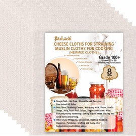 PACKARDI 8 PCS Grade 100+ Cheese Cloths 20x20 Inch, Reusable and Washable Cheesecloths for Straining,100% Unbleached Pure Cotton Lint Free, Ultra-Fine Cheese Cloth for Baking & Juicing (52×50 TPI)