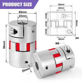 Plum Shaft Coupling Aluminium 20 mm to 22 mm, Flexible Shaft Coupling Plum Coupler D65 L90 for 3D Printer CNC Machine and Servo Step Motor