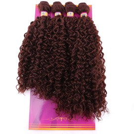 Brown Afro Kinky Curly Synthetic Hair Weave 4 Bundles 16 18 18 20 Inches Jerry Curl Synthetic Hair Weft Extensions(Color 33)