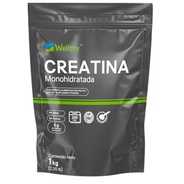 Wellthy Creatina Monohidrata 1kg. 100 Pura, Sin Sabor, Sin Azúcar, 5g de Creatina por porción, 160 días de Consumo, Scoop Incluído, Bottle Free.      