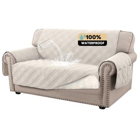 PrinceDeco 100% Waterproof Loveseat Covers for 2 Cushion Couch Sofa Covers Waterproof and Washable Sofa Slipcover with Side Pocket Furniture Protector with Elastic Straps(Loveseat 48", French Oak)