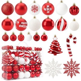 Joiedomi - 133 adornos de Navidad surtidos de color rojo y blanco, adornos de bolas de Navidad inastillables, decoración colgante de Navidad para coro