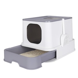 RIZZARI Cat Litter Box, Foldable Cat Box with Drawer, Large Capacity Litter Box with Lid, Top Opening Litter Pan for Small to Big Cats (White)