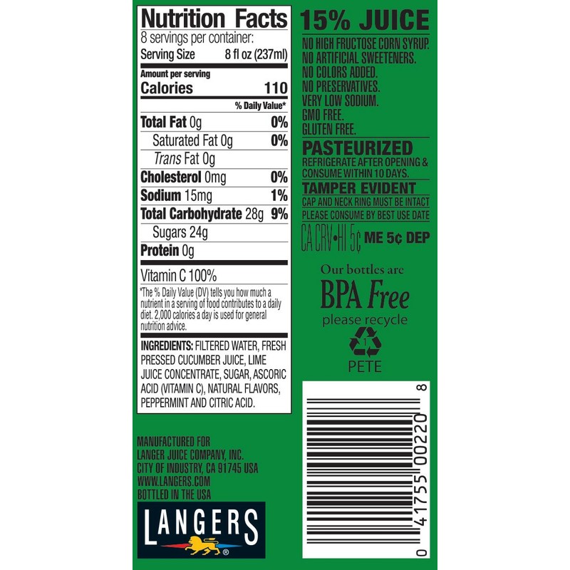 Langers Juice Cocktail, Cucumber Lime With Mint, 64 fl. oz.