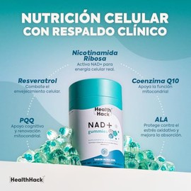Health Hack NAD+ en Gomitas con 8 Ingredientes de Longevidad, 400 mg Nicotinamida Ribosa, 125 mg Resveratrol, 100 mg CoQ10, 75 mg Quercetina, PQQ y AL