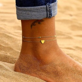 KYERLYN Gold/Silver Ankle Bracelets for Women,14K Gold Anklets for Women Waterproof Cuban Link Heart Beads Herringbone Rhinestone Anklets Set Layered Anklet Bracelets for Women Gold Jewelry Gift day jewelry - Style: Heart Anklets