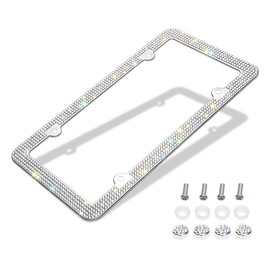 Otostar Bling License Plate Frame, Handcrafted 4 Rows Shiny Rhinestones Stainless Steel 4 Holes License Plate Frame with Anti-Theft Screws Caps Set (Silver, 1 Pack)