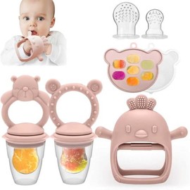 Guante de Dentición de Silicona para Niños Incluye Un Comedero de Frutas y Una Bandeja para El Congelador Un Juguete para Aliviar La Dentición(Rosa)