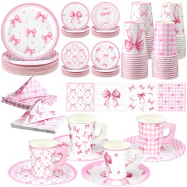 Jingmore 144 Pcs Pink Bow Party Supplies Pink Bow Paper Cups with Handle Paper Plates and Napkins 4 Styles Disposable Coquette Cute Tableware Dinnerware for Birthday Party Girl Bridal Shower