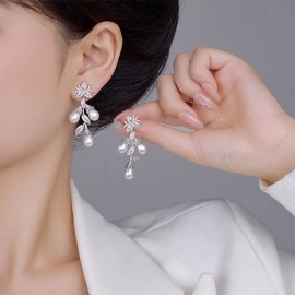 Unbranded 925 Sterling Silver Leaf Pearl Tassel Earrings