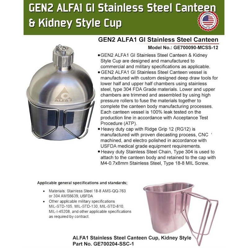 ALFA 1 GI Military Grade Stainless Steel Canteen & Kidney