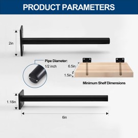 6 Pcs 6" Black Solid Steel Floating Shelf Bracket Blind Shelf Supports - Hidden Brackets for Floating Wood Shelves - Concealed Blind Shelf Support – Screws and Wall Plugs Included